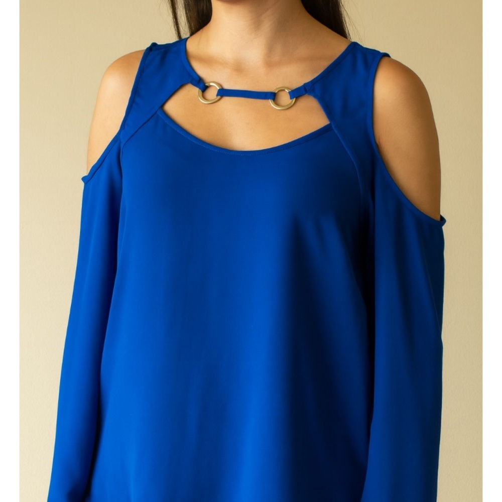 New York & Company Blue Cut Out Short Sleeve Blouse